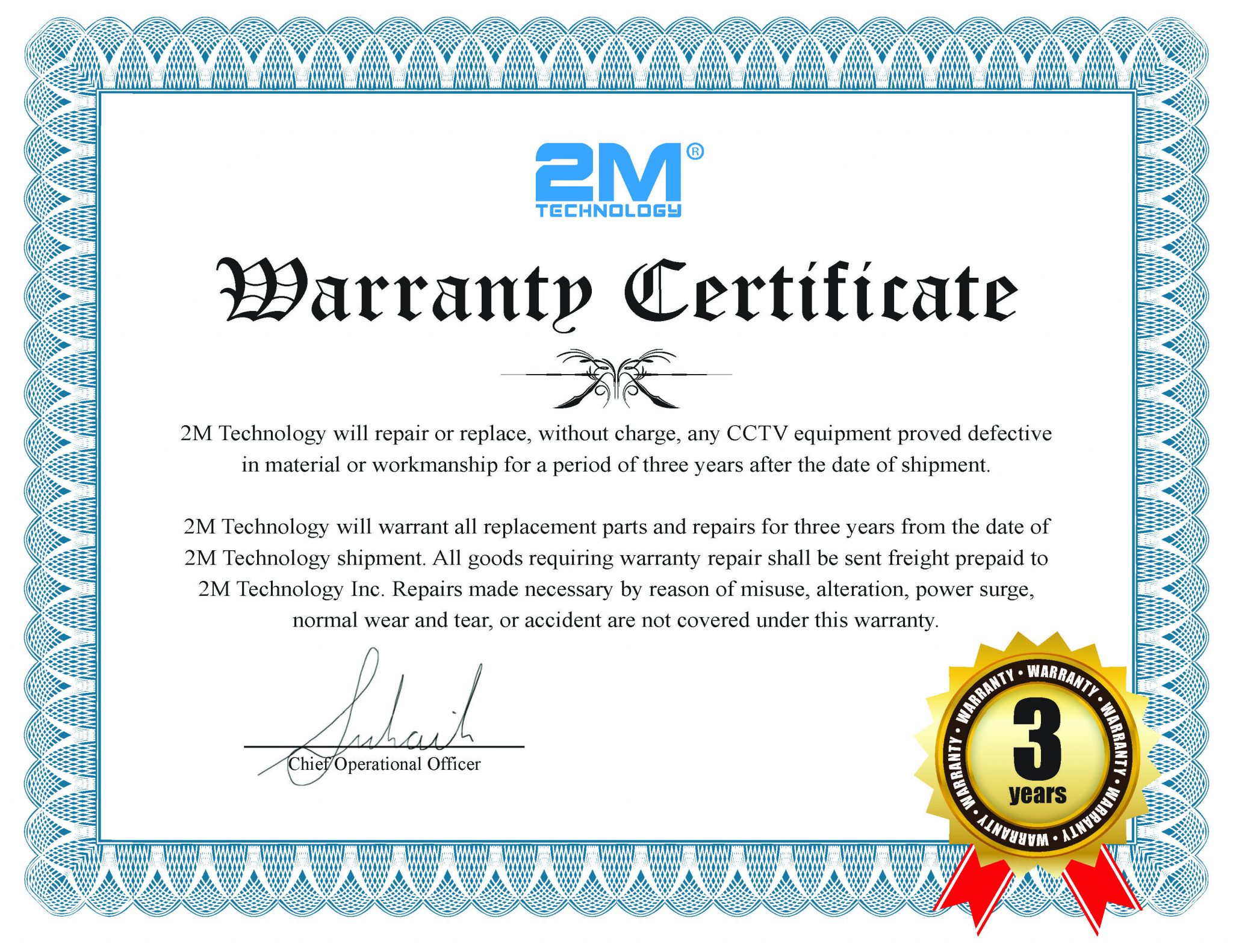 Warranty Certificates Custom Security Solutions 2M TECHNOLOGY INC