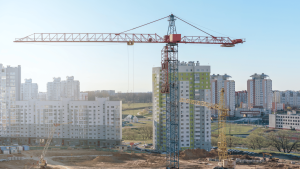 skyscrapers behind a construction site