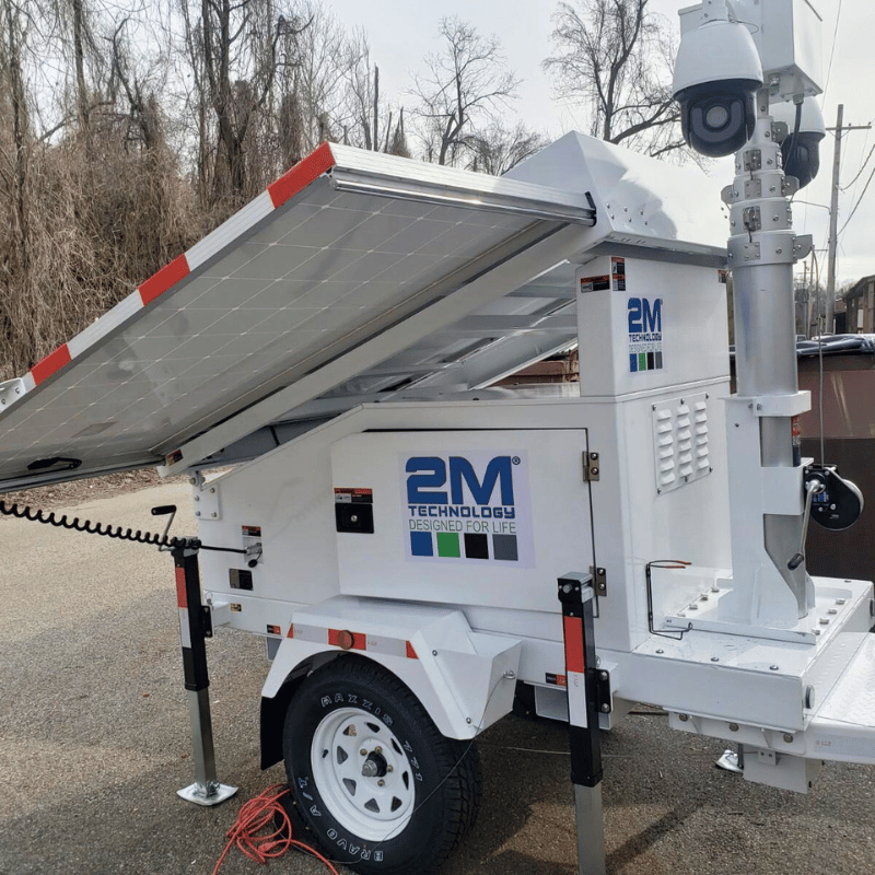 2m technology-branded solar-powered CCTV trailer in a parking lot