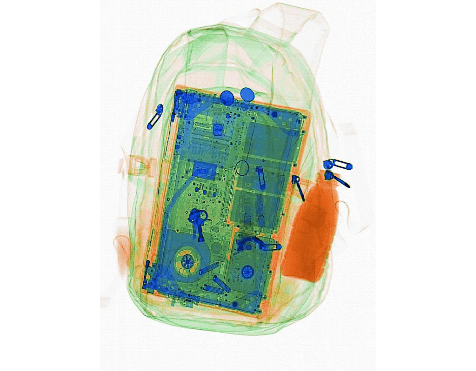 Example X-ray image of backpack from 2M Technology's AI-enabled 2MX-6550M Vehicle-Mounted Mobile X-Ray Scanner