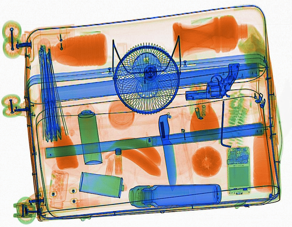 Example X-ray image of luggage from 2M Technology's AI-enabled 2MX-150180 Heavy Duty X-Ray Pallet and Cargo Scanner