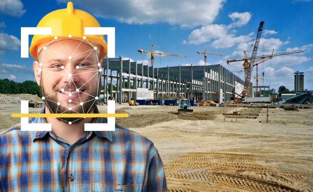 face scan of worker with construction site in the background