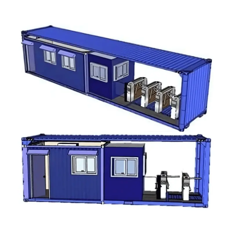 drawing of container with tripod turnstiles and guard shack addon