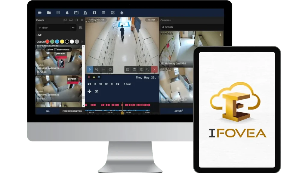 mockup of IFOVEA camera feed on computer monitor and tablet with IFOVEA logo