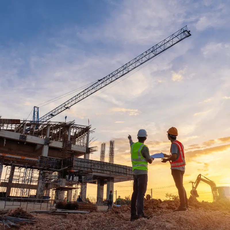 construction workers looking at construction site as the sun sets