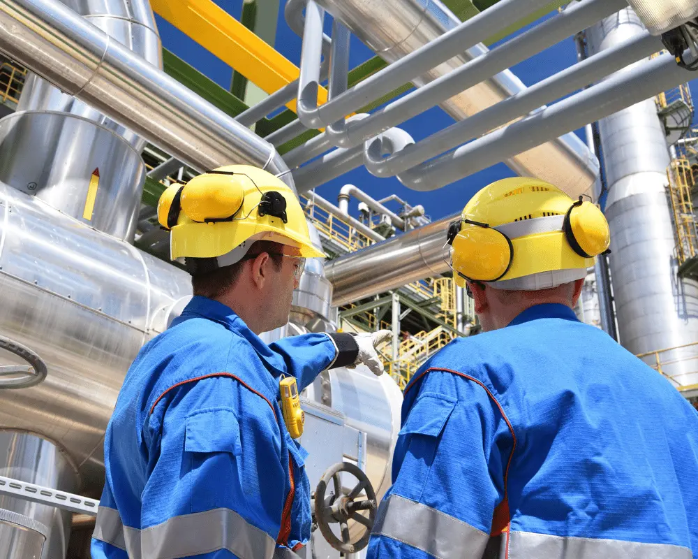 Oil and gas workers observing pipelines