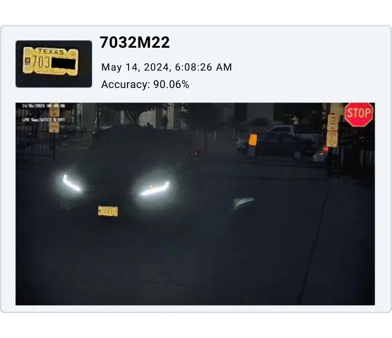 vehicle and license plate captured in the dark by PLACA.AI, a cloud-based LPR software