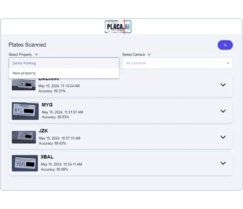 list of scanned plates on PLACA.AI, a cloud-based LPR software