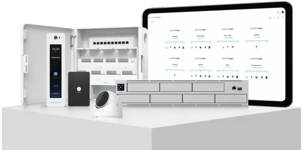 assorted products from Ubiquiti UniFi, including security cameras, door access reader, access control hub, and tablet with management platform