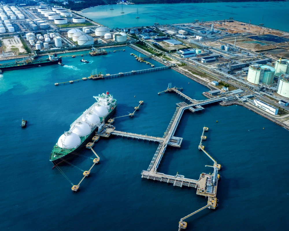 Aerial view of oil and gas tanker ship