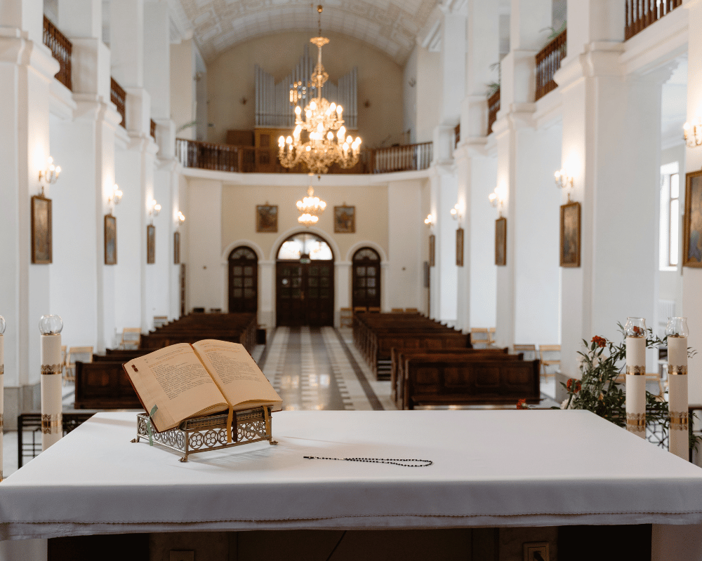 Priest table and church pews