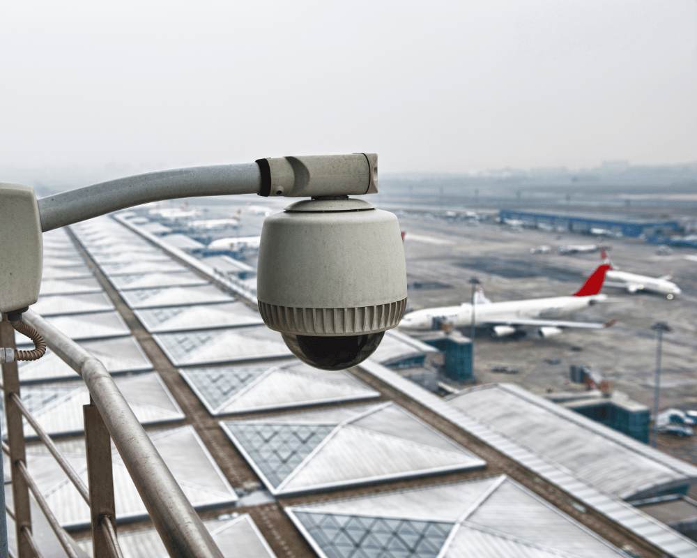 Aviation security solutions and CCTV camera overlooking airport runway